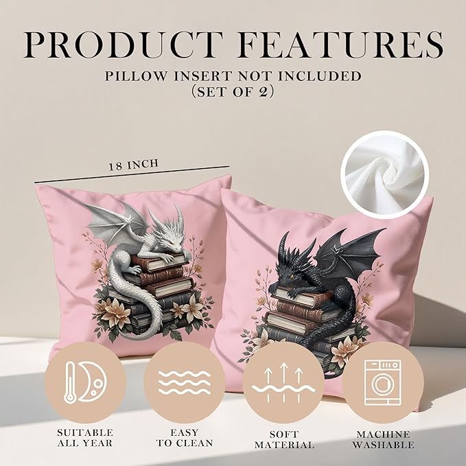 Vintage Magical Black White Dragon Reading Book Decor Throw Pillow Covers 18x18 Set of 2, Fantasy Room Decor for Kids, Gamers, and Bookworms,Reading Nook Decor, Gifts for Bookworm Readers(Pink)