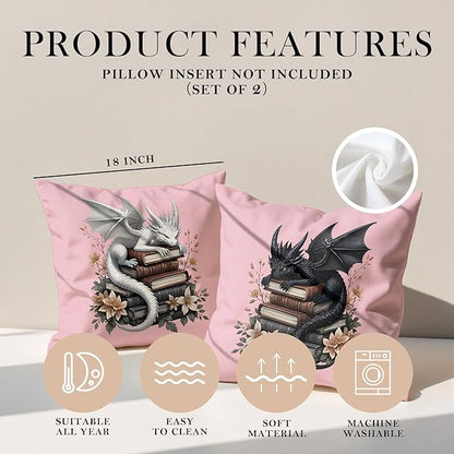 Vintage Magical Black White Dragon Reading Book Decor Throw Pillow Covers 18x18 Set of 2, Fantasy Room Decor for Kids, Gamers, and Bookworms,Reading Nook Decor, Gifts for Bookworm Readers(Pink)