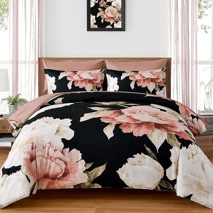 Dobuyly Full Size Comforter Set 7 Piece Bed in a Bag, Pink Floral Printed on Black Comforter Set with Sheets, Soft Microfiber Botanical Flower Bedding Set for All Season