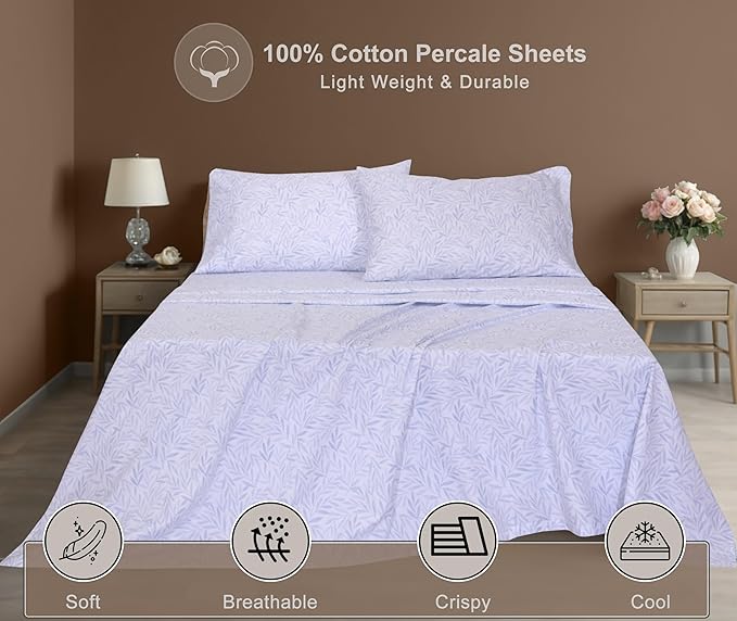 ZOYER 100% Cotton Sheets – King Size Percale Bedding, Cooling & Breathable, Durable with a Crisp, Soft & Comfortable Feel, 16" Deep Pocket, 4-Piece Set, Blue Autumn