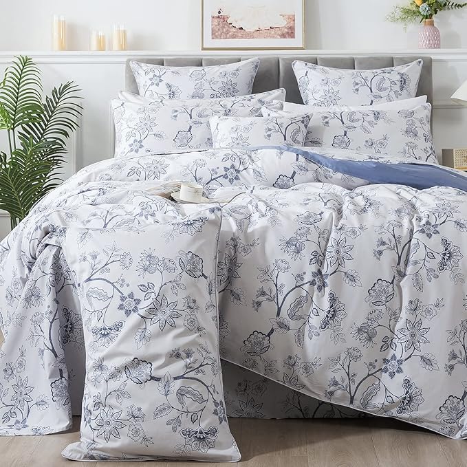 FADFAY Duvet Cover Set Twin Floral Bedding Percale Cotton 600 TC Classical Toile Printed Luxury Reversible Light Blue Shabby Vintage Minimalist Chic Comforter Cover Soft Breathable 3Pcs