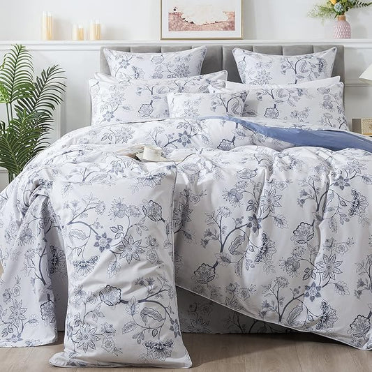 FADFAY Duvet Cover Set King/Cal King Floral Bedding Percale Cotton 600 TC Classical Toile Luxury Reversible Light Blue Shabby Vintage Farmhouse Minimalist Chic Comforter Cover Soft Breathable 3Pcs