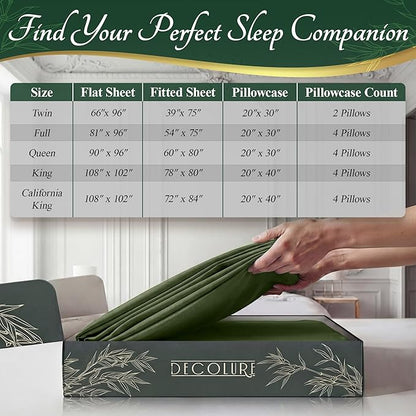 DECOLURE 100% Viscose Derived from Bamboo Sheets Full Size - Luxury 6 Pc Naturally Cooling Sheets, Ultra Soft Bed Set - Deep 17" Pockets, Durable Double Stitching, Oeko Tex Standard (Olive)