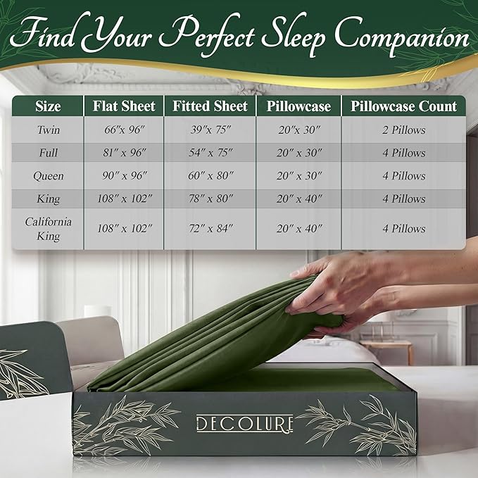DECOLURE 100% Viscose Derived from Bamboo Sheets Twin Size - Luxury 4 Pc Naturally Cooling Sheets, Ultra Soft Bed Set - Deep 17" Pockets, Durable Double Stitching, Oeko Tex Standard (Olive)
