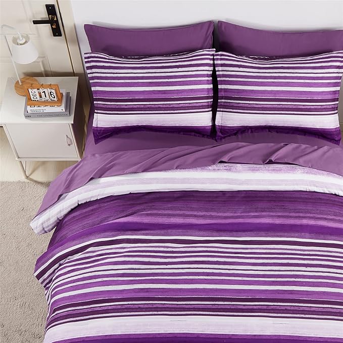 KAKIJUMN 7 Piece Bed in a Bag Stripe Comforter Set Full Size, White and Purple Patchwork Striped Comforter and Sheet Set, All Season Soft Microfiber Complete Bedding Sets(Purple,Full)