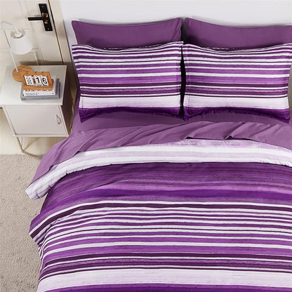 KAKIJUMN 7 Piece Bed in a Bag Stripe Comforter Set Queen Size, White and Purple Patchwork Striped Comforter and Sheet Set, All Season Soft Microfiber Complete Bedding Sets(Purple,Queen)
