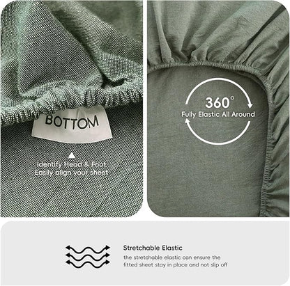 MooMee Fitted Bottom Sheet Only 100% Washed Cotton Linen Like Textured Breathable Durable Soft Comfy Deep Pocket Fits Mattress up to 17" (Heathered Green, Twin)