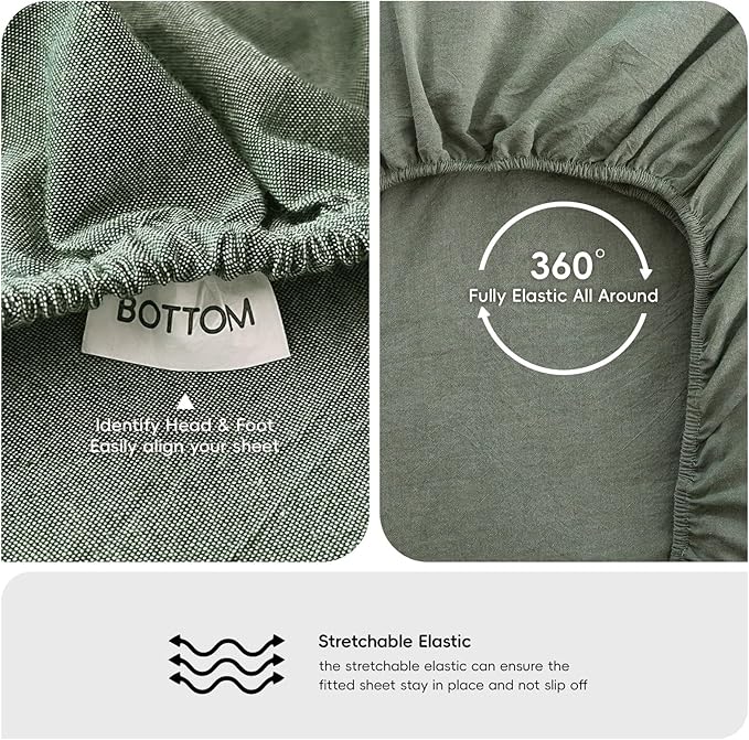 MooMee Fitted Bottom Sheet Only 100% Washed Cotton Linen Like Textured Breathable Durable Soft Comfy Deep Pocket Fits Mattress up to 17" (Heathered Green, Queen)