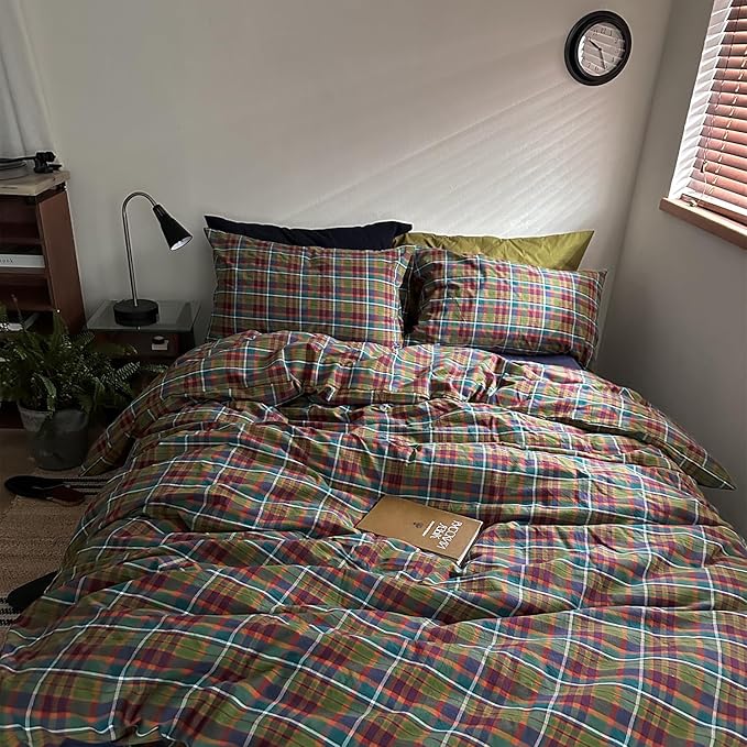 MKXI Buffalo Plaid Duvet Cover Set 3 Piece Vintage Bedding in Kelly Green, Navy & Red | 100% Washed Cotton Reversible Design with Zipper Closure & Corner Ties,Shabby Chic Aesthetic for Queen