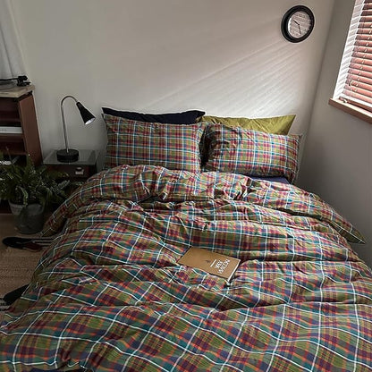 MKXI Buffalo Plaid Duvet Cover Set 3 Piece Vintage Bedding in Kelly Green, Navy & Red | 100% Washed Cotton Reversible Design with Zipper Closure & Corner Ties,Shabby Chic Aesthetic for Twin