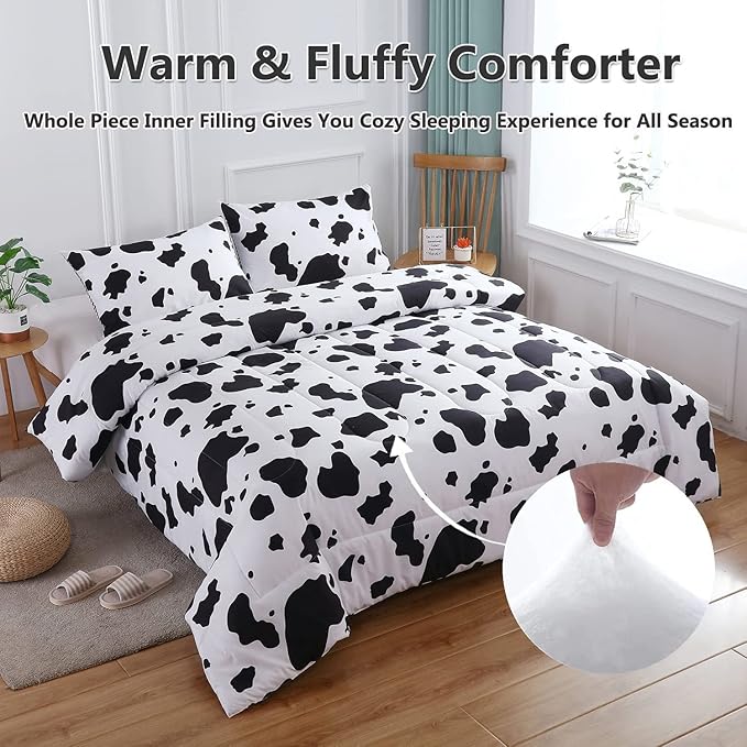 PERFEMET Cow Print Full Comforter Set Boys 3 Piece Cartoon Milk Bedding Set Cowhide Bed Set Reversible Plaid Teen Girls Bed Sets with Pillowcases (Full, Black and White)