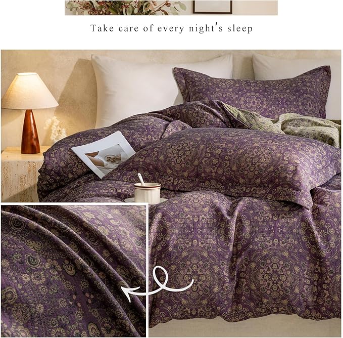 VM VOUGEMARKET Jacquard Flower Duvet Cover Twin,Purple Green Floral Duvet Cover Set Yarn-Dyed Cotton Boho Medallion Bedding Set,Retro Reversible Duvet Cover with Zipper Ties