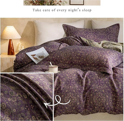 VM VOUGEMARKET Full Duvet Cover Set Purple Green Floral Pattern,3 Pieces Reversible Boho Medallion Jacquard Flower Bedding Set,Linen Cotton Yarn-Dyed Textured Duvet Cover with Zipper Closure