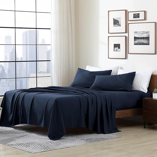 Cathay Home Essentials Ultra Soft Hypoallergenic Wrinkle Resistant Double Brushed Microfiber Bedding Sheet Set, Navy, Queen
