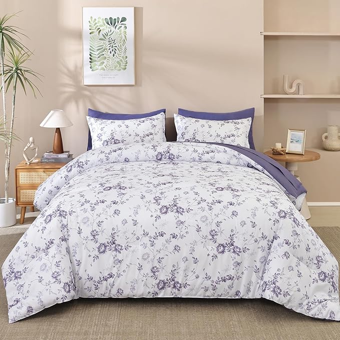 Luxudecor Floral Queen Comforter Set 7 Pieces Bed in a Bag, Purple Rose Romantic Flower Bed Set, Soft Reversible Comforter with Sheet Set 90"x90"