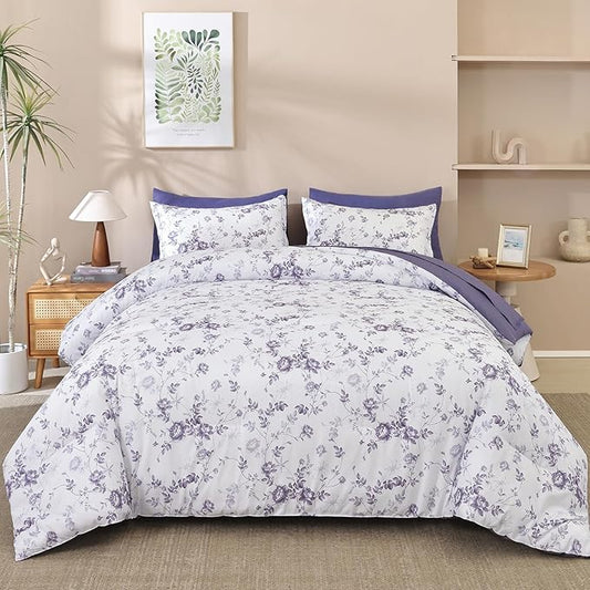 Luxudecor Floral King Comforter Set 7 Pieces Bed in a Bag, Purple Rose Romantic Flower Bed Set, Soft Reversible Comforter with Sheet Set 104"x90"