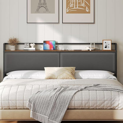 King Size Headboard Only with Storage Shelves, Upholstered Headboard with Charging Station, Height Adjustable, Sturdy and Stable, Vintage Style, Rustic Brown, Gray and Black