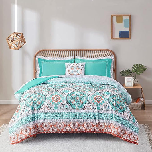 Degrees of Comfort Full Size Comforter Sets with Sheets Floral, Aqua Boho Complete Bedding Set for Teen Girls, Microfiber 8 Piece Bed in a Bag with Side Pockets, Matching Decorative Pillow