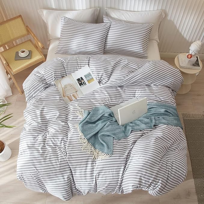 LifeTB Queen Comforter Set Grey White Stripes Comforter 3 Pieces Fluffy Soft Lightweight Bedding Comforter for All Season Down Alternative Comforter Boho Farmhouse Bedding Striped Comforter Set