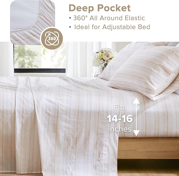 Comfort Spaces 100% Cotton Sheets Queen, Breathable, Naturally Cool Cotton Sheets, Cotton Bed Sheets with 14" Elastic Pocket Fits up to 16" Mattress, All Seasons Sheet Set, Good Vibes Taupe 4 Piece
