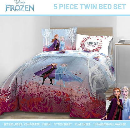 Disney Frozen 2 Forest Spirit 5 Piece Twin Bed Set - Includes Reversible Comforter & Sheet Set - Bedding Features Elsa & Anna - Super Soft Fade Resistant Microfiber - (Official Disney Product)