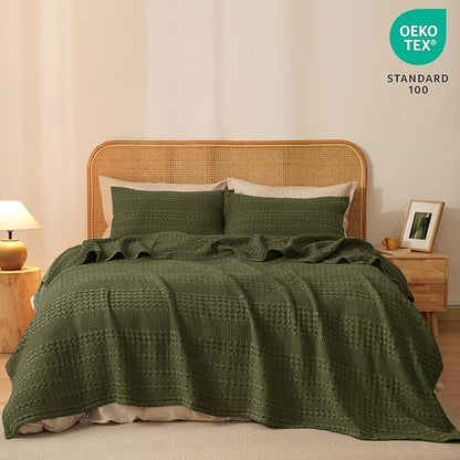 PHF 100% Cotton Waffle Weave Blanket Queen Size for Bed, Soft Lightweight & Breathable for Spring and Summer, All-Season Comfort, Luxury Aesthetic Blanket for Home Decor, 90"x90", Capulet Olive
