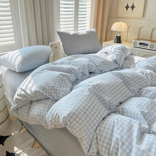 LifeTB Blue Gingham Comforter Set Full Size Modern Style Blue Plaid Comforter Set 3 Pieces Grid Checkered Pattern Comforter Fluffy Soft Farmhouse Gingham Bedding Comforter with 2 Pillowcases