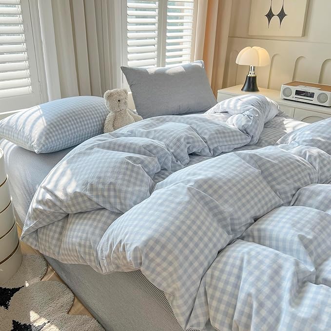 LifeTB Blue Gingham Comforter Set King 3 Pieces Blue Plaid Grid Comforter Set Geoometric Checkered Pattern Comforter with 2 Pillowcases Lightweight Soft Farmhouse Gingham Plaid Bedding Set