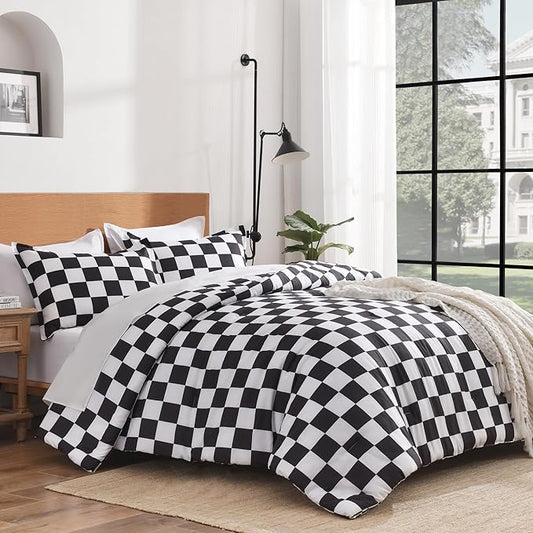 Andency Checkered Comforter Twin(66x90Inch), Black White Plaid Gingham Buffalo Grid Bedding Comforter Sets for Boys Kids Teens, 2 Pieces Lightweight Polyester Geometric Preppy Bed Set