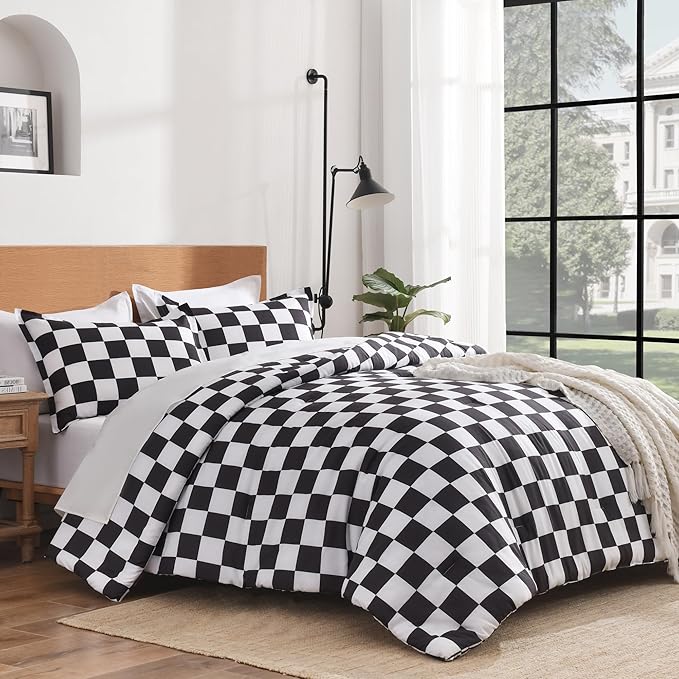 Andency Checkered Comforter Full(79x90Inch), Black White Plaid Gingham Buffalo Grid Bed Set for Boys Kids Teens, 3 Pieces Lightweight Polyester Geometric Preppy Bedding