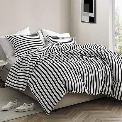 CLOTHKNOW Striped Full Size Comforter Set Black and White Bedding Comforter Sets Farmhouse Comforter Ticking Boho Comforter with 2 x Pillow Cases