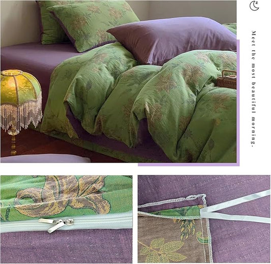 VM VOUGEMARKET Retro Flower Duvet Cover King,3Pcs Yarn-Dyed French Linen Jacquard Duvet Cover Set Mint Green Purple Bedding Set for Girls Women Without Comforter