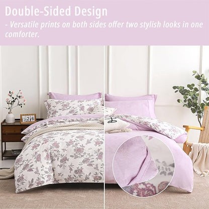 Pink Floral Cotton Comforter King Size 3PC - Vintage Romantic Botanical on Soft White with Smoky Pink Floral Reverse – Cozy Reversible Lightweight Comforter Set with Soft Fill(104"×90")