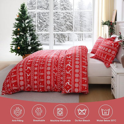 JSD Vintage Christmas Duvet Cover Set King Size, 3 Piece Red Snowflakes Reindeer Snowflakes Printed Microfiber Duvet Comforter Cover with Pillow Sham