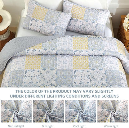 Dobuyly California King Quilt Set 3 Pieces, Yellow/Blue/Grey Patchwork Bedspreads, Boho Summer Coverlet Set, Soft Lightweight Microfiber Cal King Bedding Set for All Seasons 112"x96"