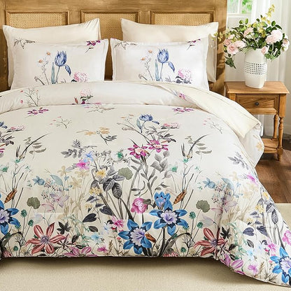WONGS BEDDING Floral Comforter Set Queen, 7 Piece Beige Bed in a Bag Bedding Set with Botanical Flowers Patterns, Soft Lightweight Complete Comforters with Sheets for All Season