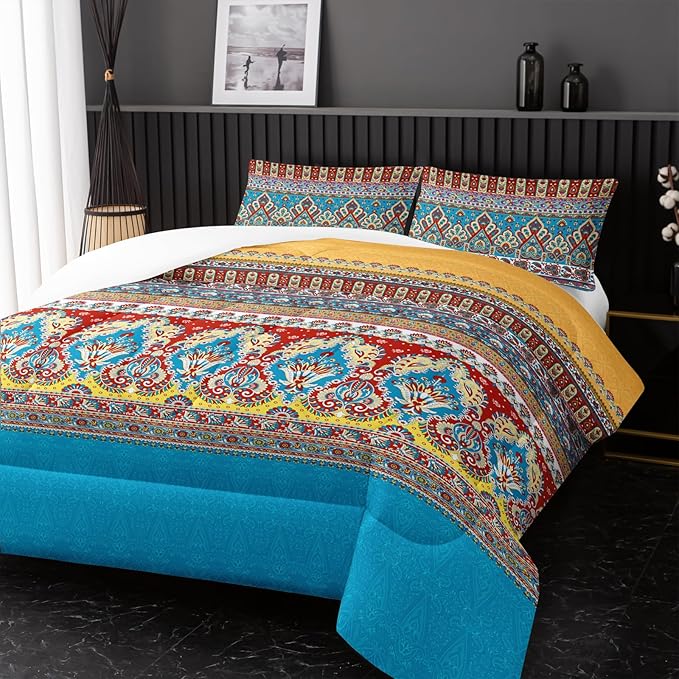 Paisley Bohemian Comforter Sets Full Size,Colorful Boho Chic Medallion Exotic Bedding Set for Your Room,Abstract Soft Lightweight Quilted Set All Season,1 Comforter and 2 Pillowcases