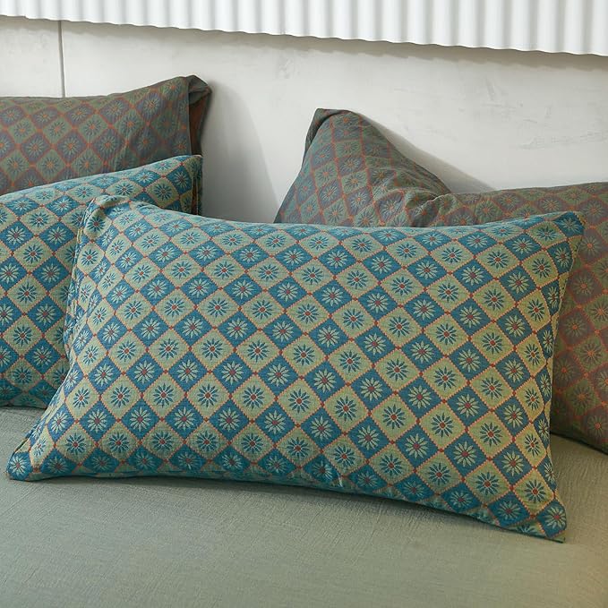 VM VOUGEMARKET Boho Duvet Cover King Geometric Pattern,3Pcs Yarn-Dyed Muslin Cotton Duvet Cover Set Blue Green Flower Bedding Set for Girls Women Without Comforter