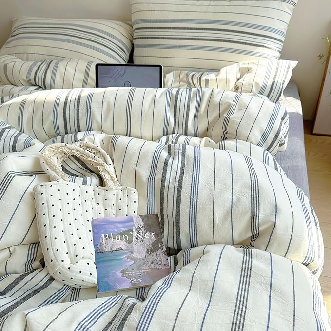 EAVD Vintage Blue Grey and White Striped Duvet Cover Twin Soft 100% Cotton Chic Stripes Bedding Set with 2 Pillowcases Retro Geometric Duvet Cover with Zipper Closure Corner Ties