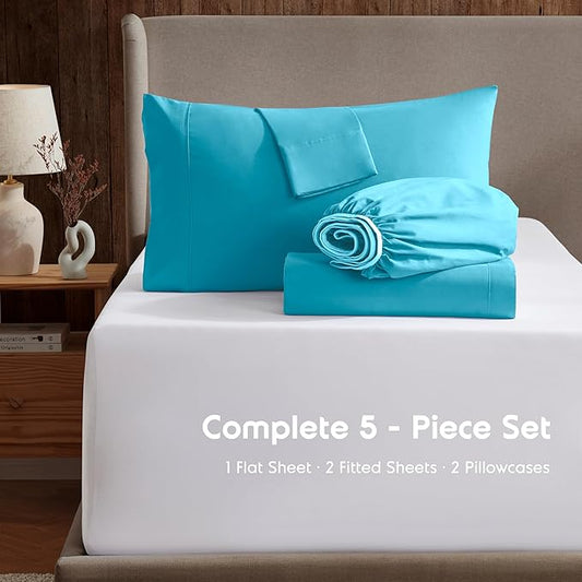Nestl Split King Sheet Set - 1800 Ultra-Soft Microfiber Bed Sheets - Double Brushed - Deep Pockets - Easy Fit - 5 Piece Set - Bed Sheets & Pillowcases (Split King Size, Bright Blue)