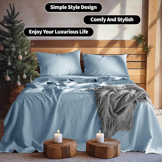 LBRO2M 100% Pure Linen Sheet Set Deep Pocket Up to 16" Bed Sheets Sets, Natural Flax Beddings Soft, Breathable, Comfortable for All Seasons 4 Pcs Sheet Set Full Size, Dusty Blue