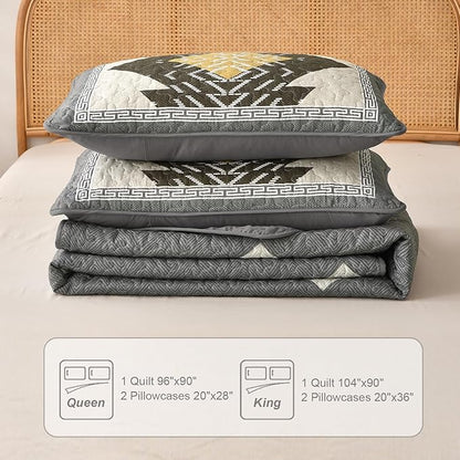 Dintszyayue Grey Boho Quilt Set Queen, Aztec Western Quilt Bedspread Set, 3 Pieces Texture Bedspread Southwestern Bedding Set, Soft Lightweight Coverlet Set for All Season with 2 Pillowcases