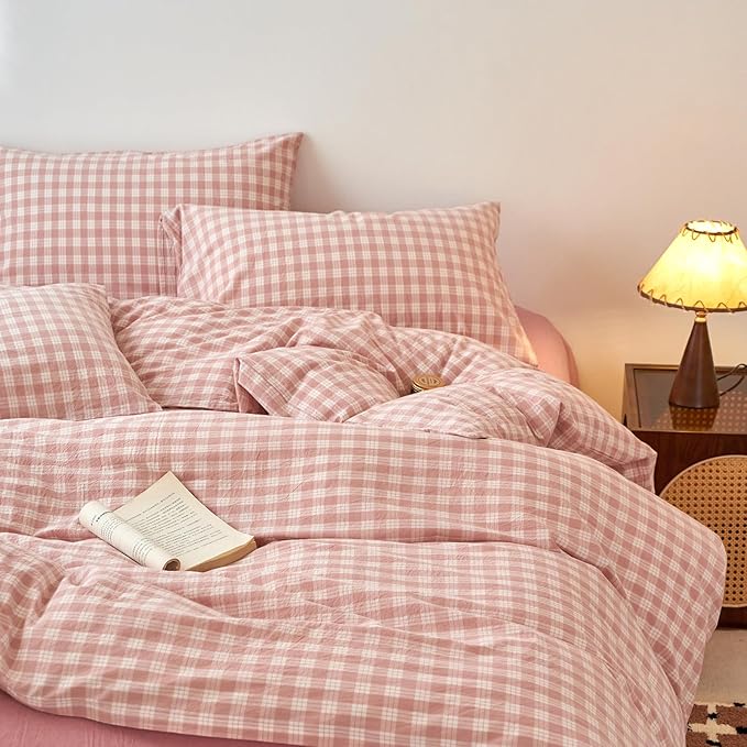 EAVD Vintage Style Gingham Plaid Duvet Cover King Pink White Soft 100% Washed Cotton Chic Warm Checkered Bedding Set with 2 Pillowcases Farmhouse Grid Gingham Duvet Cover with Zipper Closure