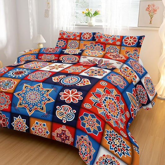 Modern Bohemia Comforter Sets Twin Size,Square Montage Pattern Bedding Set for Your Room,Abstract Soft Lightweight Quilted Set All Season 1 Comforter and 2 Pillowcases