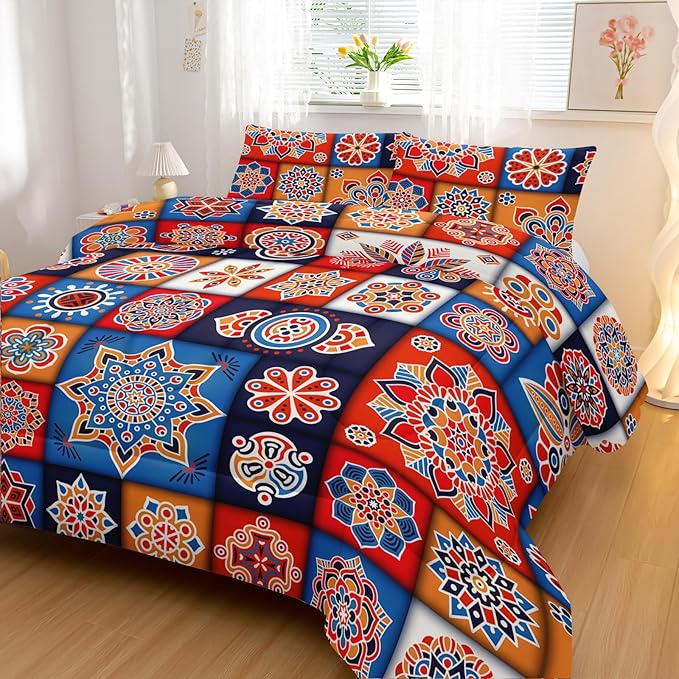 Modern Bohemia Comforter Sets Queen Size,Square Montage Pattern Bedding Set for Your Room,Abstract Soft Lightweight Quilted Set All Season 1 Comforter and 2 Pillowcases