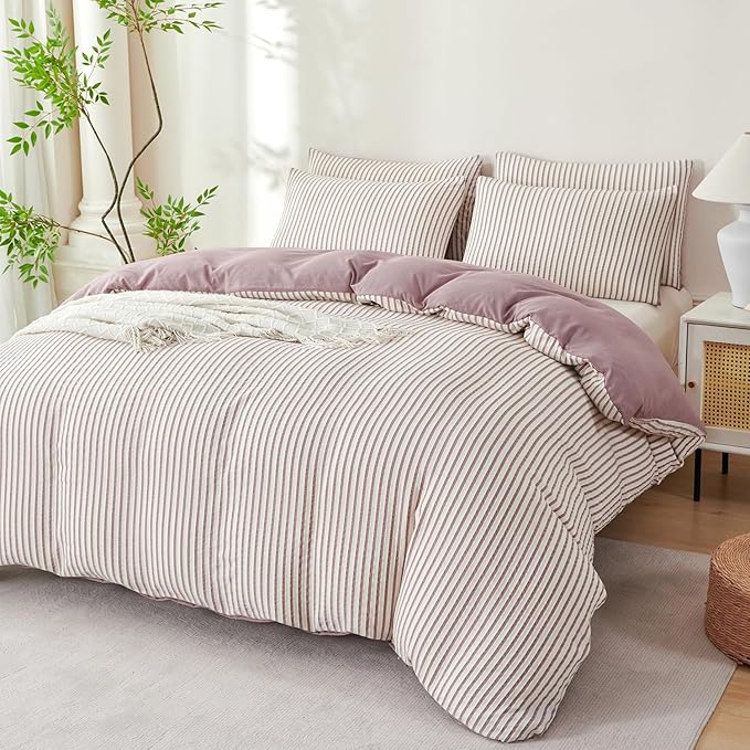 Comforter Set Queen Size Soft Luxury Washed Microfiber Jacquard 3 Pieces Bedding, White Grayish Purple Vertical Ticking Stripes Pattern Comforter with 2 Pillowcases Breathable Durable Comfy