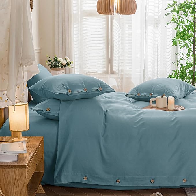 JELLYMONI Cotton Duvet Cover Cal King Size - Grayish Blue Comforter Cover with Button 100% Washed Cotton 3PCS Breathable Soft Solid Bedding Set Duvet Cover 104×98in & 2 Pillowcases (NO Comforter)