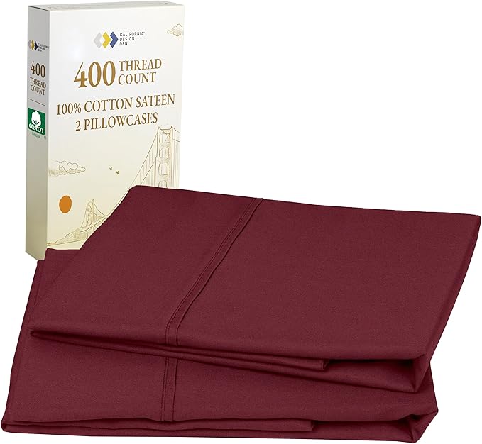 California Design Den Standard Queen Size Pillowcase Set - 400 Thread Count, 100% Cotton Sateen, Set of 2 Pillow Covers, Soft and Breathable - Burgundy Red