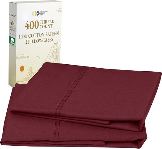 California Design Den Standard Queen Size Pillowcase Set - 400 Thread Count, 100% Cotton Sateen, Set of 2 Pillow Covers, Soft and Breathable - Burgundy Red