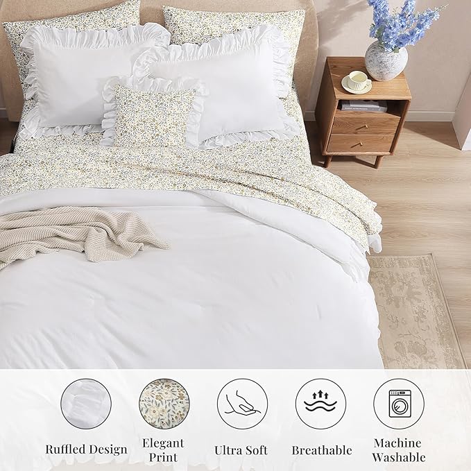 King Comforter Set - 7 Pieces Ruffle White Bedding Sets, Shabby Chic Farmhouse Bed in a Bag King with Ruffle Comforter, Floral Sheets, Pillowcases & Shams